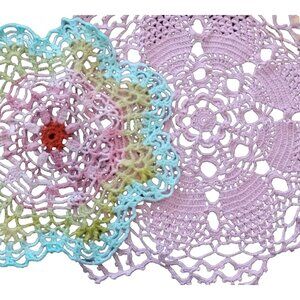 Vintage Pastel Pink and Green Hand Crocheted Doilies Set of 2 Table Toppers